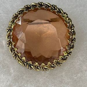 VTG Western Germany Brooch peach crystal filigree gold tone C clasp